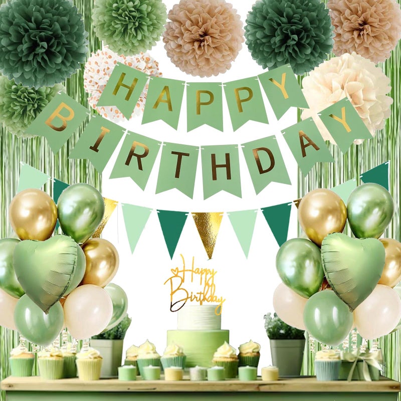 Aurasys Sage Green Birthday Decorations, Birthday Party DÃ©cor, Gold Green Balloons Olive Happy Birthday Banner Fringe Curtain Background, Neutral Decorations for Women Men - Image 1