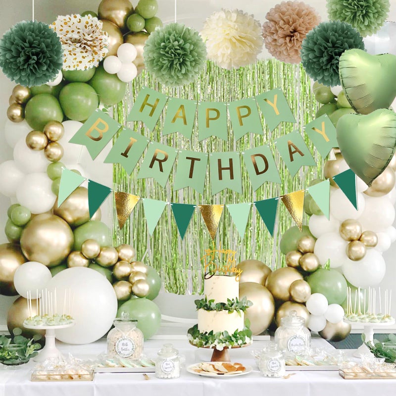 Aurasys Sage Green Birthday Decorations, Birthday Party DÃ©cor, Gold Green Balloons Olive Happy Birthday Banner Fringe Curtain Background, Neutral Decorations for Women Men - Image 3