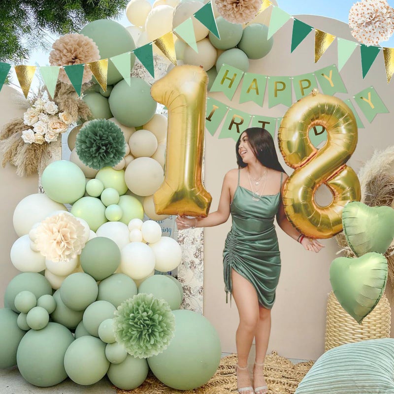 Aurasys Sage Green Birthday Decorations, Birthday Party DÃ©cor, Gold Green Balloons Olive Happy Birthday Banner Fringe Curtain Background, Neutral Decorations for Women Men - Image 5