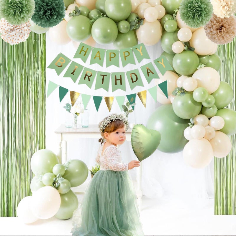 Aurasys Sage Green Birthday Decorations, Birthday Party DÃ©cor, Gold Green Balloons Olive Happy Birthday Banner Fringe Curtain Background, Neutral Decorations for Women Men - Image 4