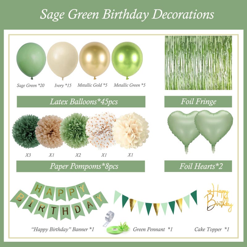 Aurasys Sage Green Birthday Decorations, Birthday Party DÃ©cor, Gold Green Balloons Olive Happy Birthday Banner Fringe Curtain Background, Neutral Decorations for Women Men - Image 2