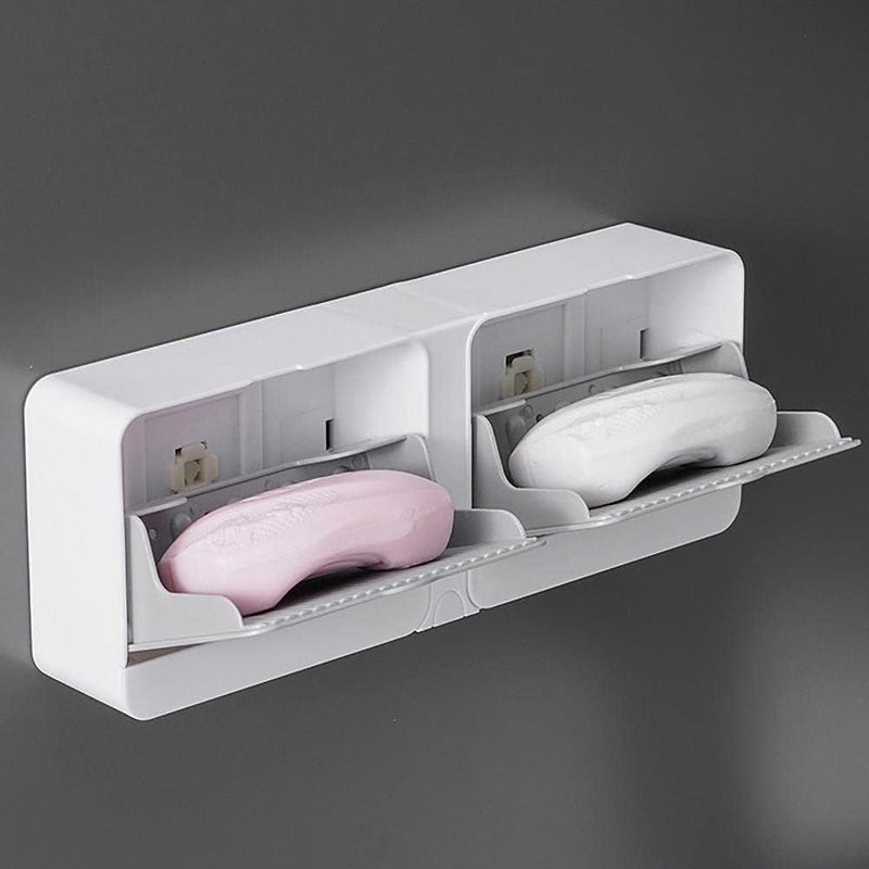 Lemonzza No-Drilling Clamshell Soap Box Wall-Mounted with Cover Double Grid-Asphalt Toilet Laundry Soap New Box Soap Box(Plastic, White) - Image 1