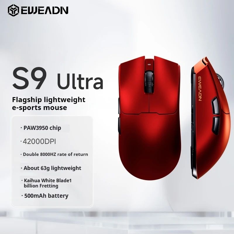Eweadn S9 Ultra Wireless Gaming Mouse with Paw3950 3395 Sensor Programmable Lightweight Ergonomic, Red - Image 1