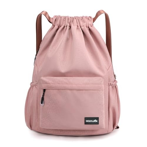 HOLYLUCK Drawstring Backpack Sports Gym Bag Water Resistant String Bag Cinch Sackpack with Side Zipper Pocket for Shopping Sport Yoga pink - Image 1