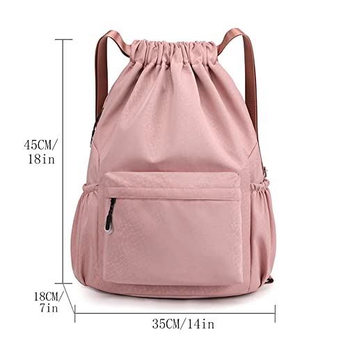 HOLYLUCK Drawstring Backpack Sports Gym Bag Water Resistant String Bag Cinch Sackpack with Side Zipper Pocket for Shopping Sport Yoga pink - Image 3