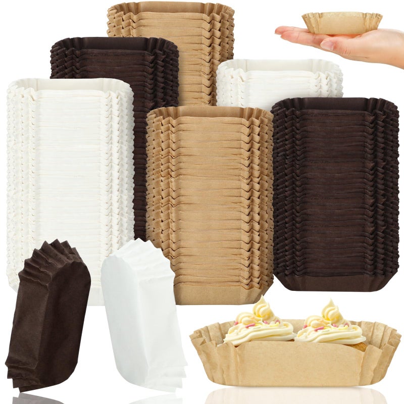 Mifoci 600 Pcs Oval Cupcake Papers Disposable Brownie Baking Cups Cake Loaf Pan Liners Boat Shaped Mini Muffin Cupcake Wrappers for Weddings Birthdays White Brown Coffee