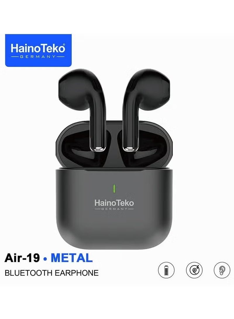 Haino Teko Air-19 Metal True Wireless Bluetooth Earphones with High-Quality Sound -- HD Clear Microphone, Touch Controls – Compatible with Android Mobiles and Tablets – Black - Image 1