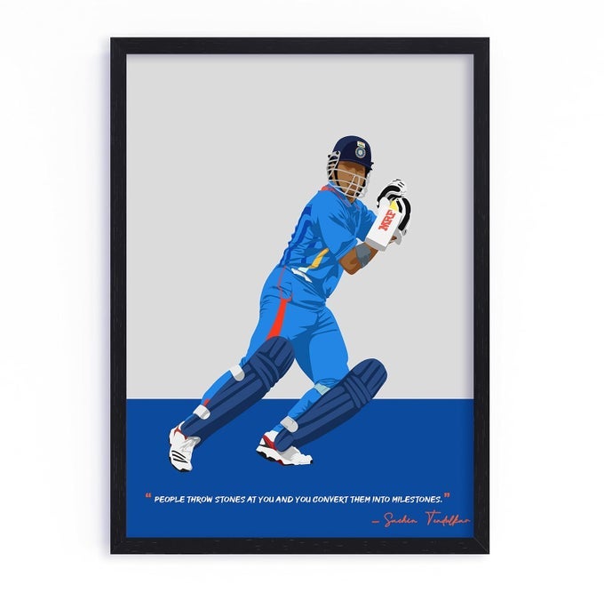 QUOTE UNQUOTE ART SACHIN TENDULKAR FRAMED ART ILLUSTRATION ORIGINAL CRICKET POSTER MINIMALIST MODERN ART 13X17 INCHES BLACK FRAME