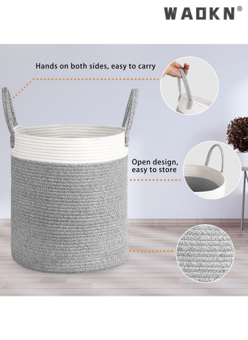 WAOKN - Versatile Woven Cotton Rope Laundry Basket with Comfortable Handles, Creating a Unique Storage View in the Nursery (Barrel Style) - Image 1