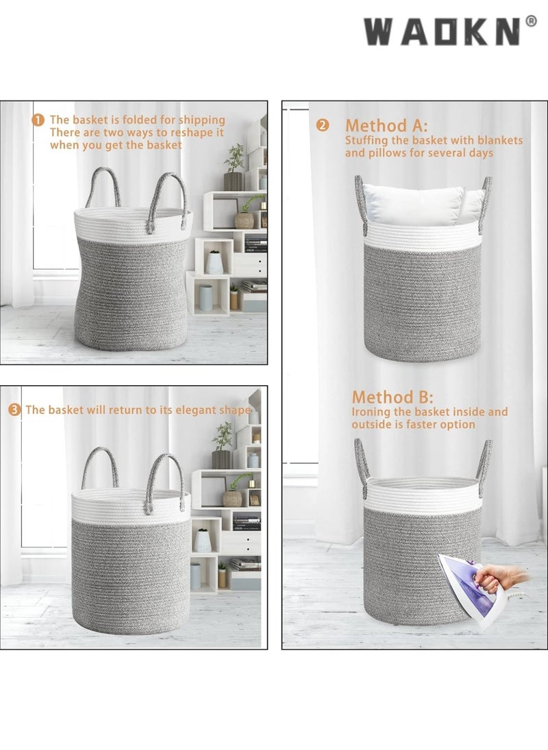 WAOKN - Versatile Woven Cotton Rope Laundry Basket with Comfortable Handles, Creating a Unique Storage View in the Nursery (Barrel Style) - Image 1