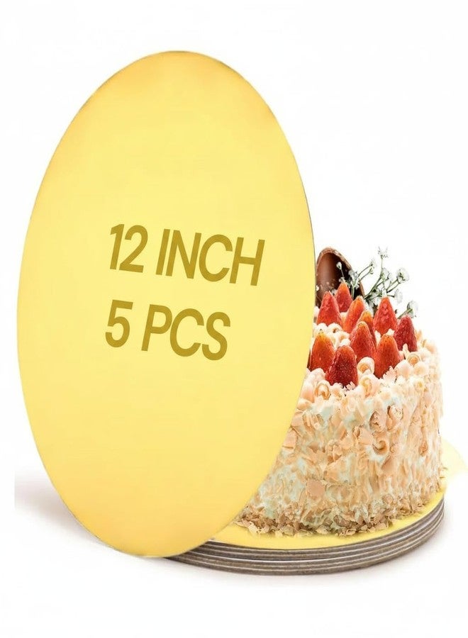 KHAANA PACKAGING 12-Inch Round Cake Base Boards | MDF Cake Plate, Gold, Set of 5 | Disposable Cake Circles, Scalloped Cardboard Cake Boards for Cakes, Pastries, & Desserts | Premium Cake Base Circles - Image 1