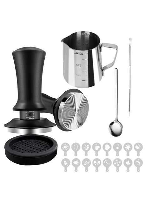 Coffee Tamping Tool with Graduations Adjustable Pressure and Distribution Function for Consistent Espresso Extraction and Latte Art Setup
