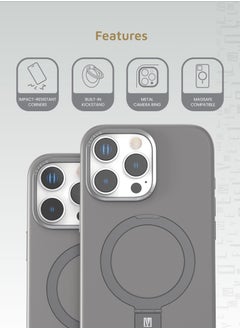LEVELO iPhone 16 Pro MagSafe Case Iris Pro Liquide Silicone Cover/ Built-in Kick Stand/ Metal Camera Ring / Hybrid Construction/ Impact Resistant Corners - Grey  - Image 2