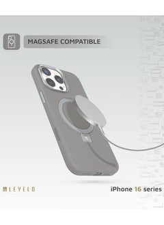 LEVELO iPhone 16 Pro MagSafe Case Iris Pro Liquide Silicone Cover/ Built-in Kick Stand/ Metal Camera Ring / Hybrid Construction/ Impact Resistant Corners - Grey  - Image 5