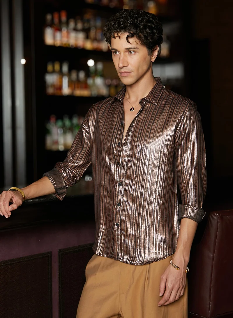 كامبوس سوترا Men's Bronze Brown Metallic Blushed Shirt