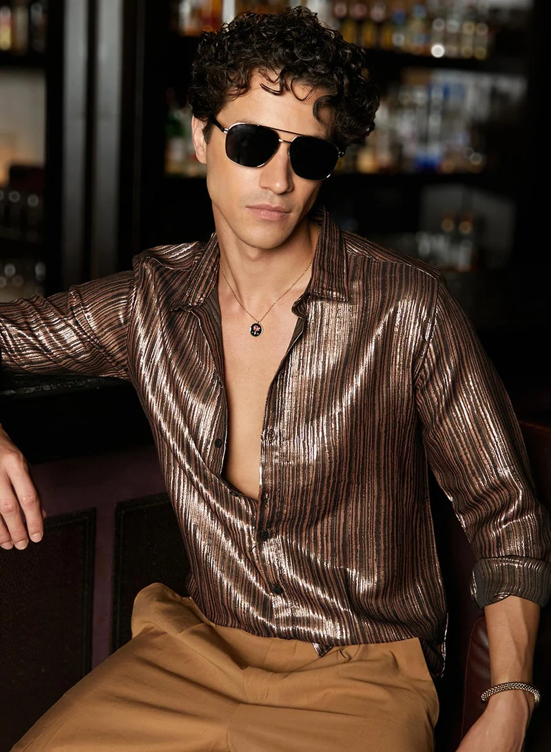 كامبوس سوترا Men's Bronze Brown Metallic Blushed Shirt