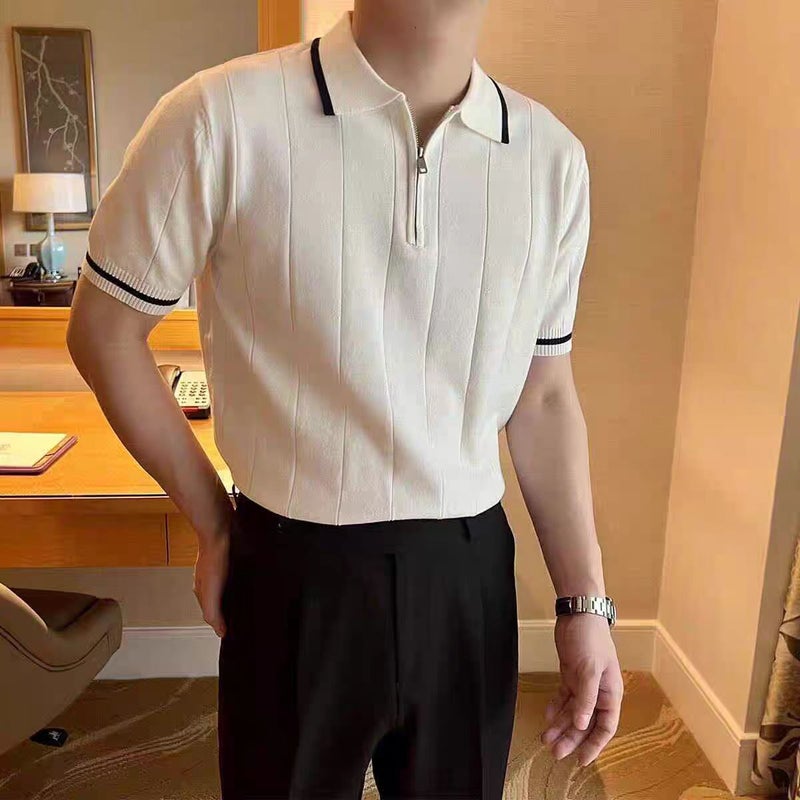 Men's Summer Short Sleeve Knit Polo Shirt with Half Zip Striped Casual Top
