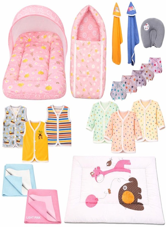 Kwitchy Newborn Baby Essentials Kit 19 Items Combo | New Born Baby Products All Set 0–6 Months | Cotton Newborn Clothes, Bedding & Baby Bed Combo (Pink) - Image 1