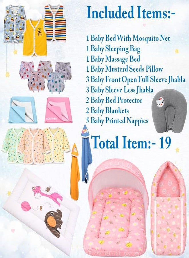 Kwitchy Newborn Baby Essentials Kit 19 Items Combo | New Born Baby Products All Set 0–6 Months | Cotton Newborn Clothes, Bedding & Baby Bed Combo (Pink) - Image 3