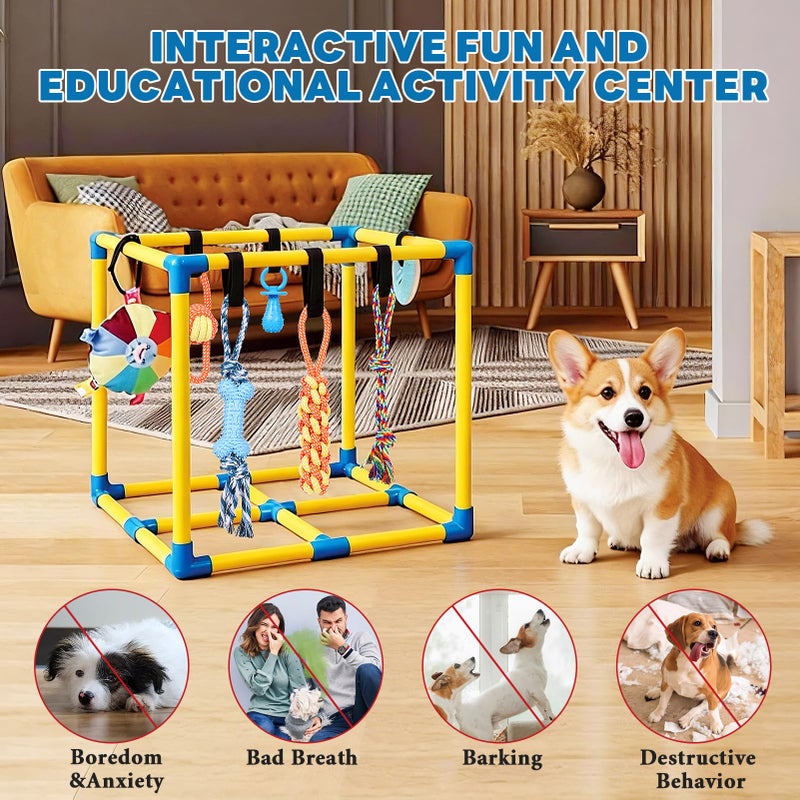 WLLEYAY Puppy Play Gym for Small Dogs with 10 Hanging Toys, Removable Indoor Jungle Gym, PVC Frame with Adjustable Bungee Straps, Interactive Dog Toys Tug Toys for Dogs Rope Toy to Keep Them Busy - Image 5