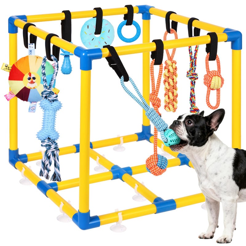 WLLEYAY Puppy Play Gym for Small Dogs with 10 Hanging Toys, Removable Indoor Jungle Gym, PVC Frame with Adjustable Bungee Straps, Interactive Dog Toys Tug Toys for Dogs Rope Toy to Keep Them Busy - Image 1