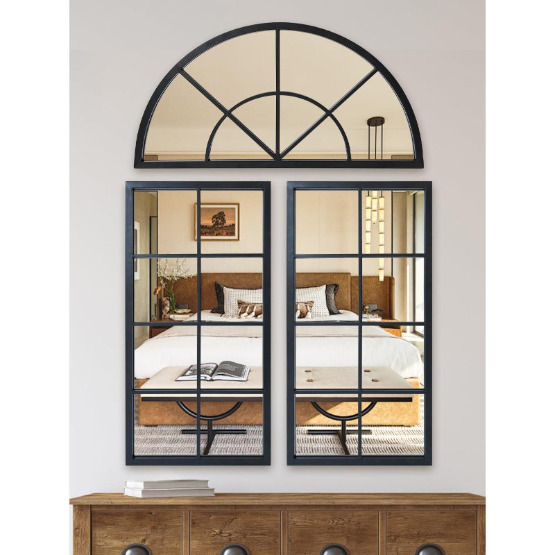 NXHOME NXHOME Arched Window Pane Wall Mirrors Set of 3 4724315 DIY WindowShaped Decorative Art Mirror Black Metal Windowpane Mirror for Light up Bedroom Dining Room Entrance Living Room Decor 