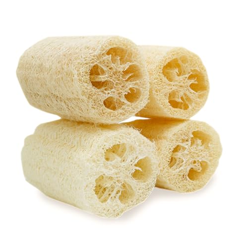 pisdoplop 4" Natural Loofah Exfoliating Body Sponge Scrubber, Plant-Based Organic Loofa Luffa for Men & Women Skin Care Bath Shower Cleaning Back & Fac, Natural Sponges for Dishes, Pack of 4 - Image 1