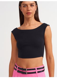 Dilvin 20869 Boat Neck Crop Top-Black  - Image 1