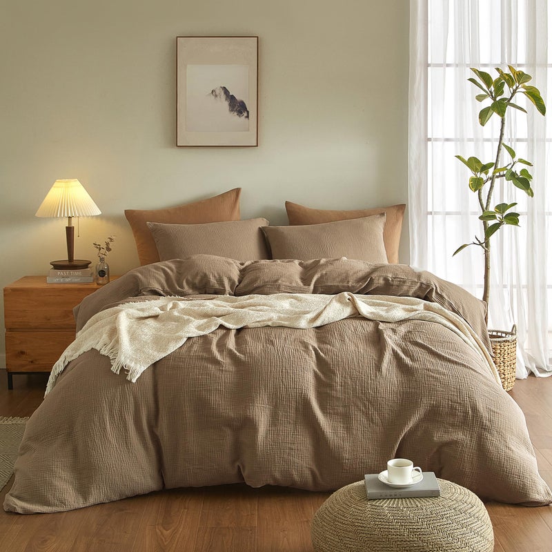 SE SOFTEXLY Muslin Duvet Cover King Size, 100% Washed Cotton Duvet Cover Set, Ultra Soft Comforter Cover Linen Like, 3 Pieces Minimalist Gauze Duvet Cover with 2 Pillowcases, 90"x104", Light Brown - Image 2