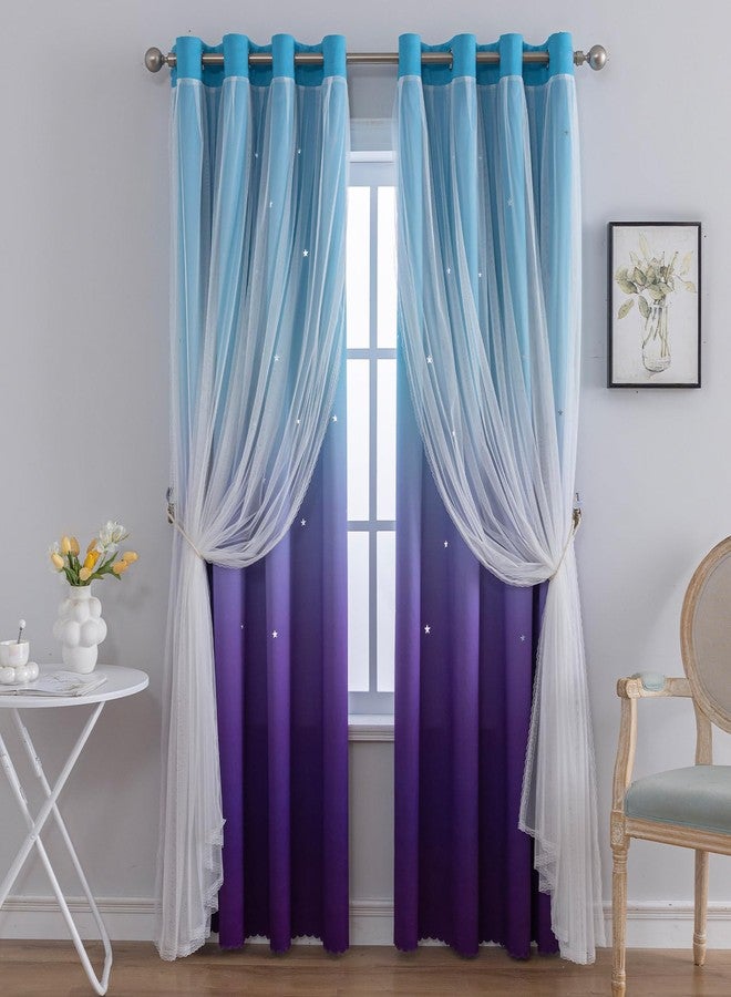 indistar Colourful Stripe Star Cut-Out Blackout Curtains for Bedroom,2 Layers Mix Design of Fabric & Tulle,Pretty Window Curtain for Kids Room 1 Panel (W52 x L63 Blue Purple) - Image 1