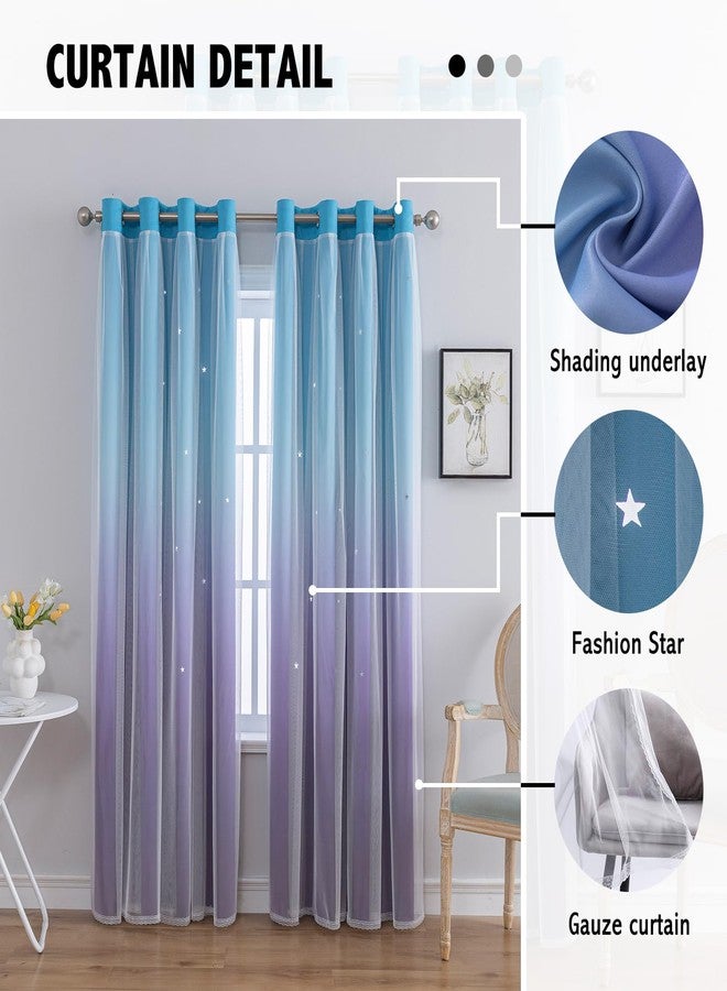 indistar Colourful Stripe Star Cut-Out Blackout Curtains for Bedroom,2 Layers Mix Design of Fabric & Tulle,Pretty Window Curtain for Kids Room 1 Panel (W52 x L63 Blue Purple) - Image 5