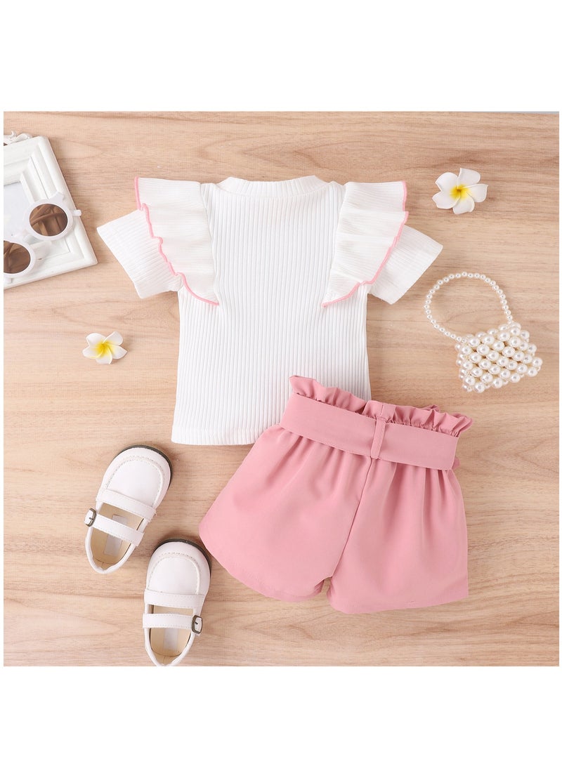 12-24M Toddler Girl Summer Outfit, Pink Bow Shorts and White Ruffle Sleeve Top, Cute 2-Piece Clothing Set for Daily, Travel, Photography, Birthday - Image 2