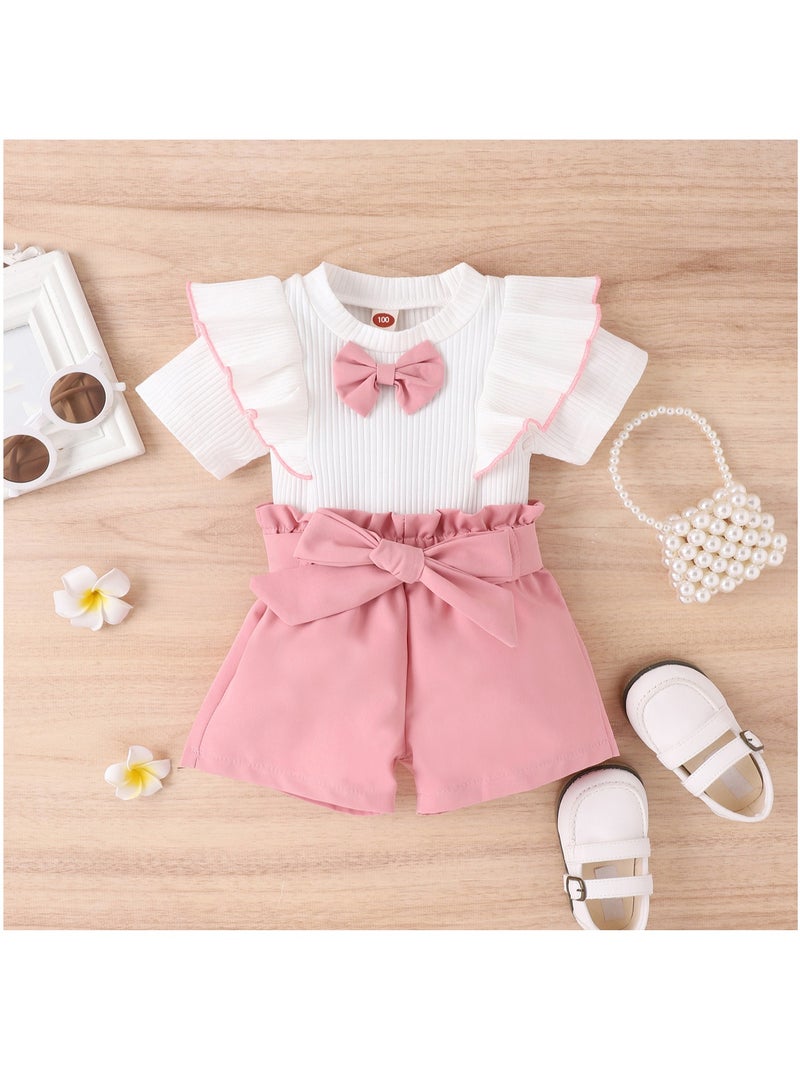 12-24M Toddler Girl Summer Outfit, Pink Bow Shorts and White Ruffle Sleeve Top, Cute 2-Piece Clothing Set for Daily, Travel, Photography, Birthday - Image 1