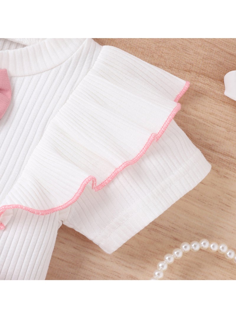 12-24M Toddler Girl Summer Outfit, Pink Bow Shorts and White Ruffle Sleeve Top, Cute 2-Piece Clothing Set for Daily, Travel, Photography, Birthday - Image 4