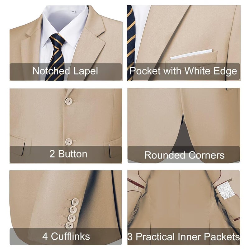 Lynerun Men Suits Slim Fit 2 Button Men's Suits Solid Champagne Business Suit Blazer Pants for Men Groomsmen Wedding Mens Tuxedo for Prom M - Image 3