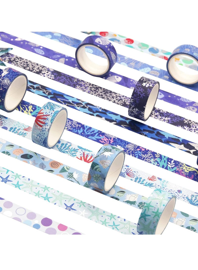 SOLARAE Ocean Blue Washi Tape Set 10 Rolls Silver Foil Print Decorative Masking Tapes for Arts, DIY Crafts, Bullet Journals, Planners, Scrapbook, Wrapping (Navy Silver) - Image 2