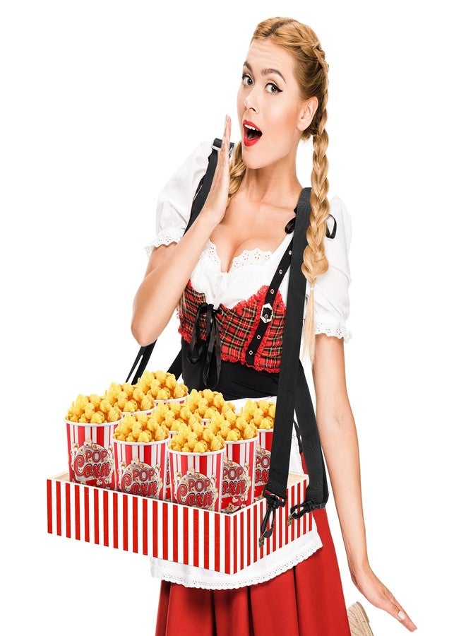 Tiangrid 1 Pcs Wooden Snack Trays with Strap 15 x 10 x 2.7 Inch Movie Night Snack Popcorn Usherette Vendor Drink Beverage Carrier for 20's Costume Carnival Mother's Day (Red and White Stripes) - Image 1