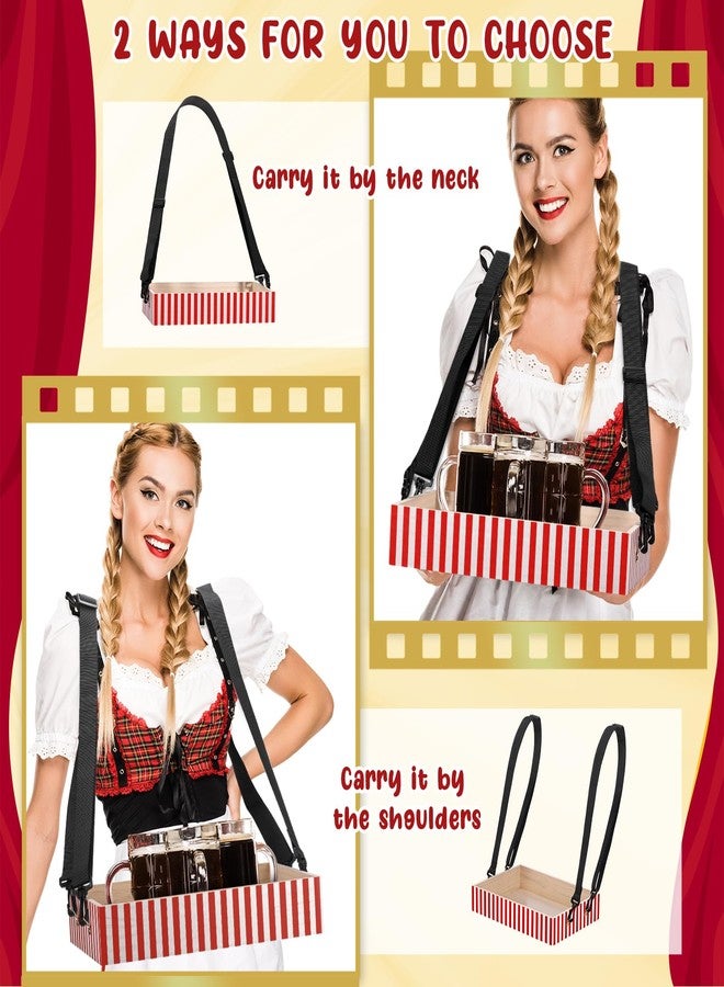 Tiangrid 1 Pcs Wooden Snack Trays with Strap 15 x 10 x 2.7 Inch Movie Night Snack Popcorn Usherette Vendor Drink Beverage Carrier for 20's Costume Carnival Mother's Day (Red and White Stripes) - Image 5