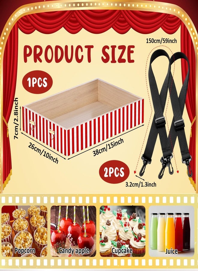 Tiangrid 1 Pcs Wooden Snack Trays with Strap 15 x 10 x 2.7 Inch Movie Night Snack Popcorn Usherette Vendor Drink Beverage Carrier for 20's Costume Carnival Mother's Day (Red and White Stripes) - Image 2