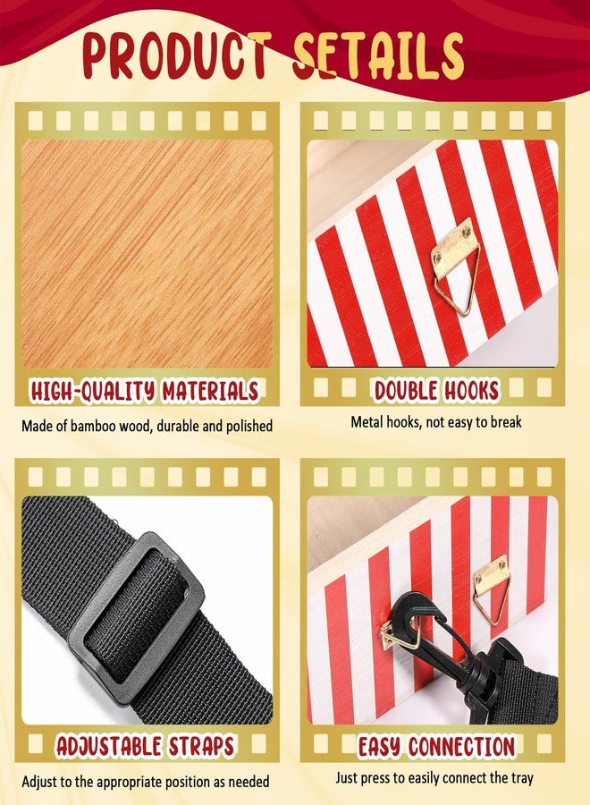 Tiangrid 1 Pcs Wooden Snack Trays with Strap 15 x 10 x 2.7 Inch Movie Night Snack Popcorn Usherette Vendor Drink Beverage Carrier for 20's Costume Carnival Mother's Day (Red and White Stripes) - Image 3