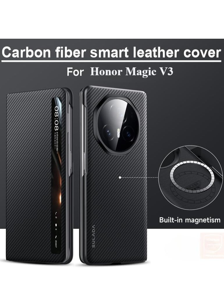 General Compatible with Honor Magic V3 Leather Case Carbon Fiber Flip Smart Phone Case For Honor Magic V3 360 Cover Shell Skin Bumper Armor  - Image 2