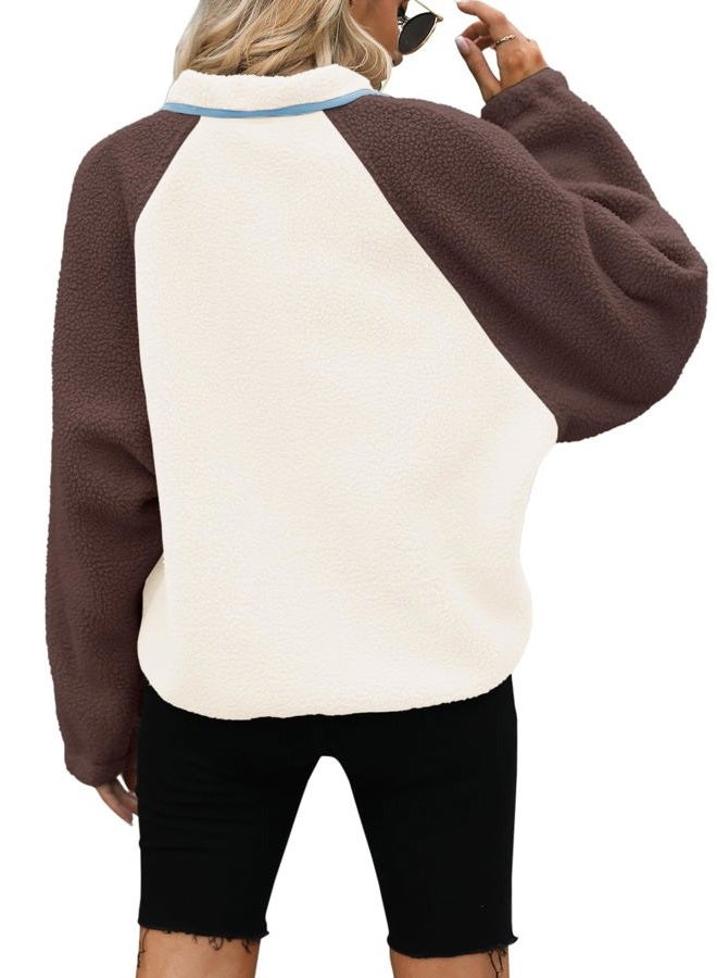 Yanekop Womens Fleece Jacket Fuzzy Long Sleeve Short Winter Coats Button Down Sherpa Jacket Outerwear with Pockets, B Brown Light Blue, XS - Image 4