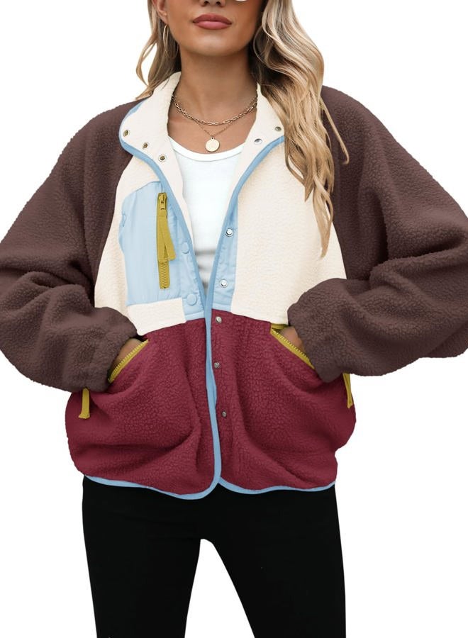 Yanekop Womens Fleece Jacket Fuzzy Long Sleeve Short Winter Coats Button Down Sherpa Jacket Outerwear with Pockets, B Brown Light Blue, XS - Image 3