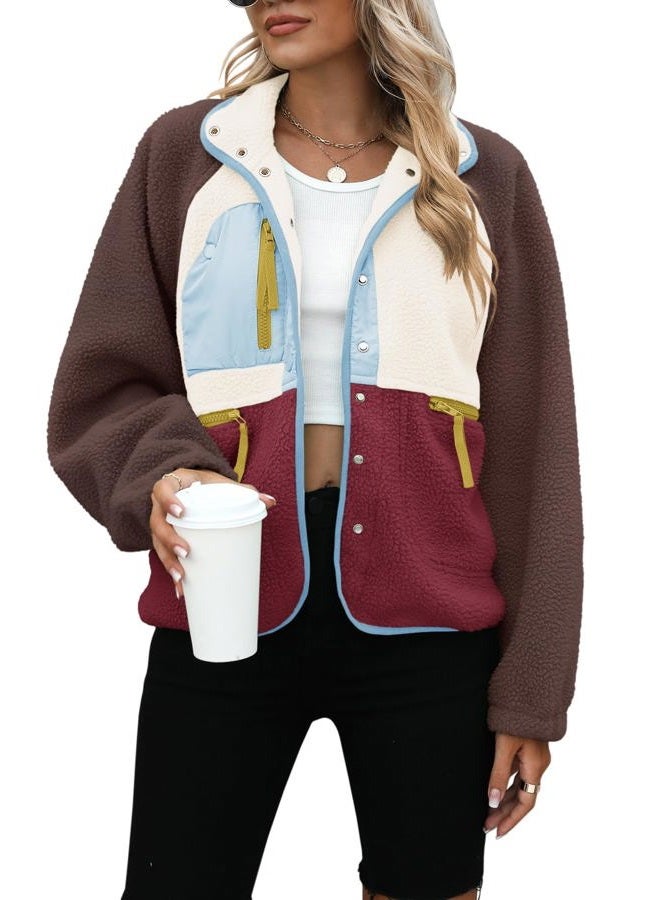 Yanekop Womens Fleece Jacket Fuzzy Long Sleeve Short Winter Coats Button Down Sherpa Jacket Outerwear with Pockets, B Brown Light Blue, XS - Image 1