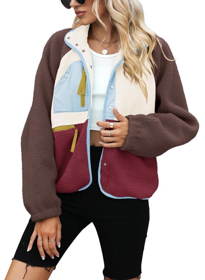 Yanekop Womens Fleece Jacket Fuzzy Long Sleeve Short Winter Coats Button Down Sherpa Jacket Outerwear with Pockets, B Brown Light Blue, XS - Image 2