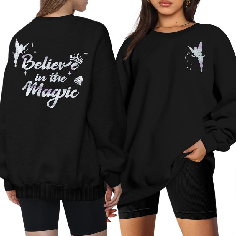 FASHGL Magical Kingdom Sweatshirt for Women Magic Shirt Family Vacation Sweater Cute Castle Graphic Long Sleeve Pullover Tops Black - Image 1