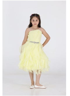 Girl's dress with pleats, with a distinctive chest, with a belt at the waist until the bottom, with pleats in the form of slices of organza material, of the finest designs