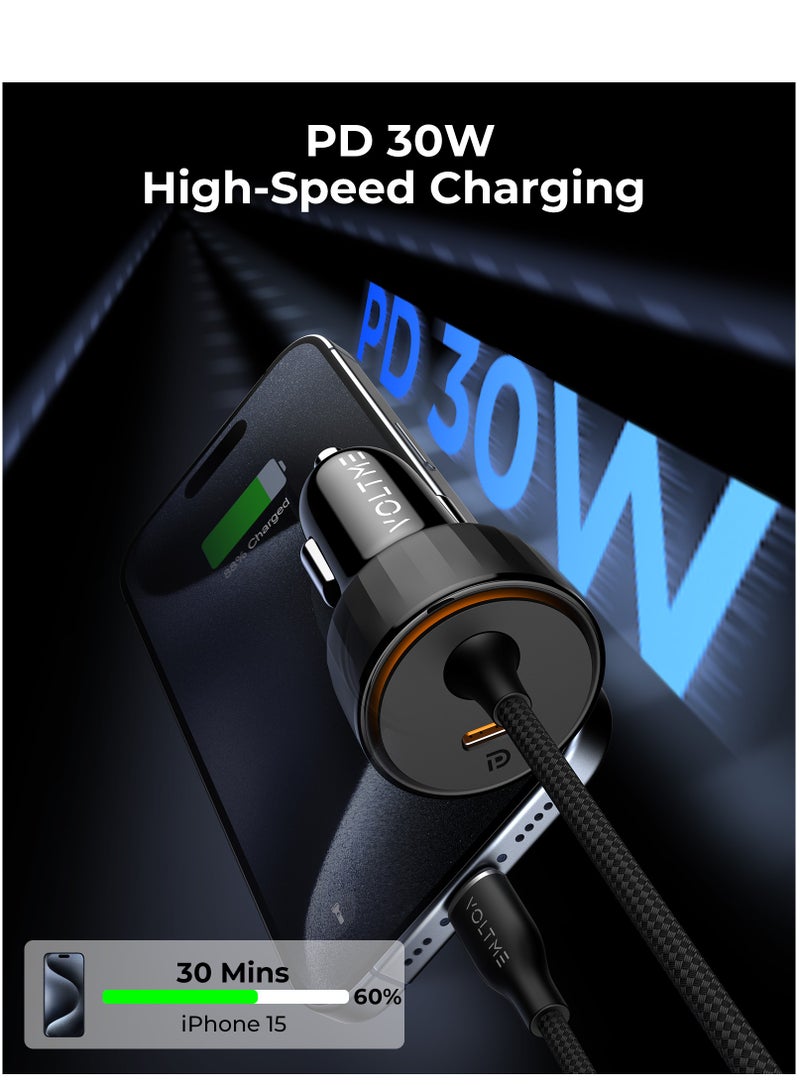 VOLTME Dual USB-C Car Charger PD 60W, Fast Charging with Built-in (4ft) Type-C Cable & Type-C PD Port, V-Dynamic Technology 3.0. USB PD Charger for MacBook Pro/Air, iPhone 16 Pro/16 Pro Max/16/15/14/13/12, Galaxy S24/S23/S22/S21, iPad Pro 6/Air 5, and More  - Image 2