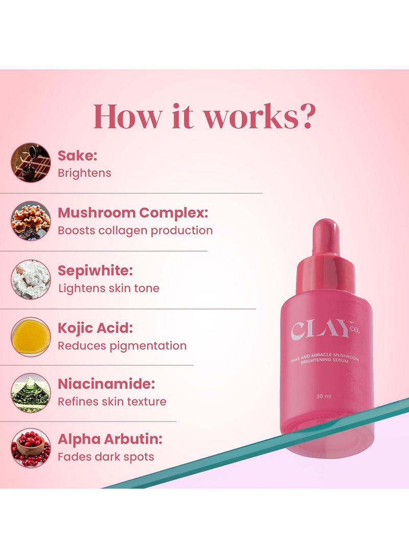 Clayco Sake and Miracle Mushroom Brightening Serum with Niacinamide, Kojic Acid & Alpha Arbutin | Depigmentation, dark spots and age spots | Japanese Skincare Routine For Men & Women | Vegan & Sulphate Free (30 ml) - Image 3