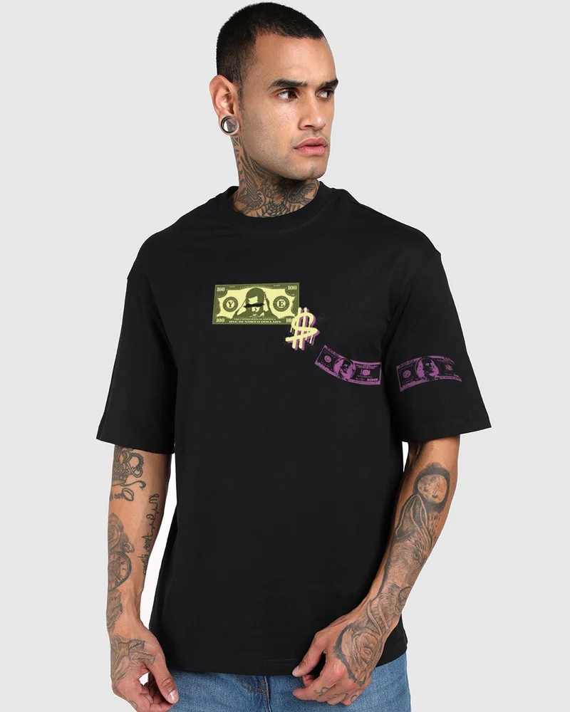 bewakoof Men's Jet Black Till I Get My Money Typography Oversized T-shirt